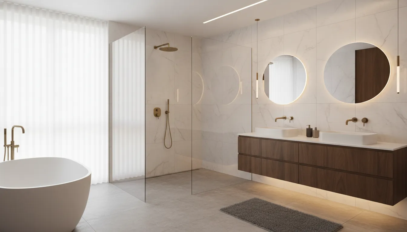 Luxury master bathroom remodel with double floating vanity and walk-in curbless tile shower