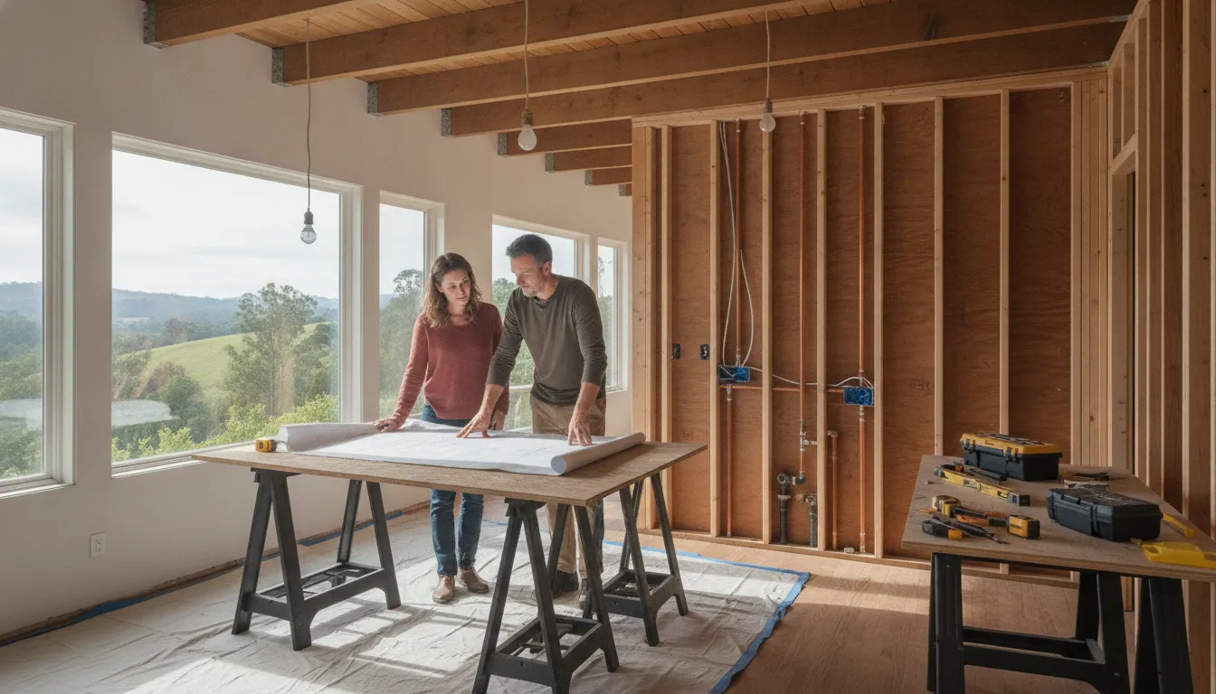 Contractor and homeowners reviewing plans beside an opened wall during a Bay Area remodel