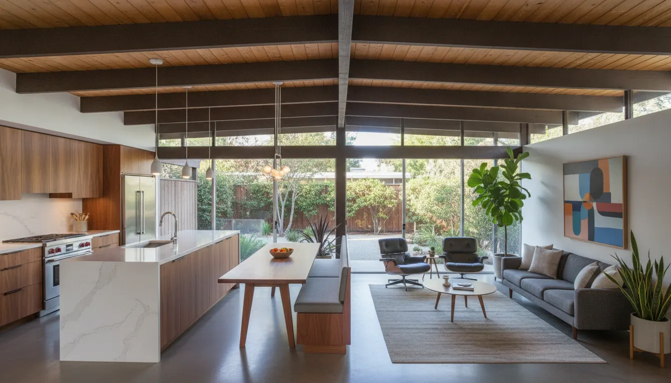 Preserved post-and-beam details in a modernized Eichler kitchen