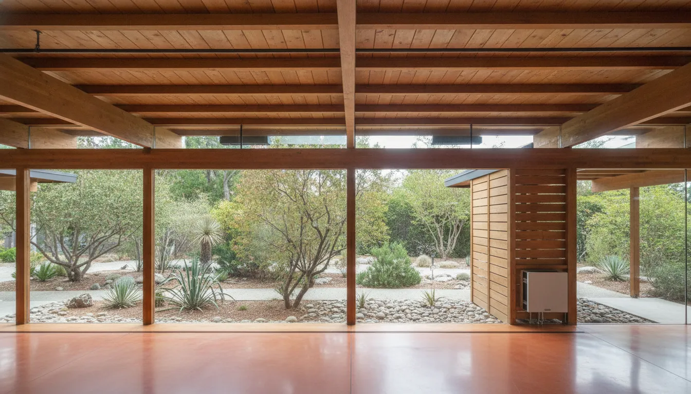 Eichler home systems upgrade preserving exposed beams and glass walls