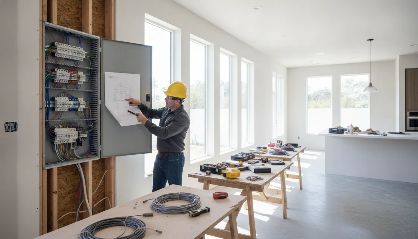 Electricians coordinating electrical capacity for a Bay Area home electrification remodel