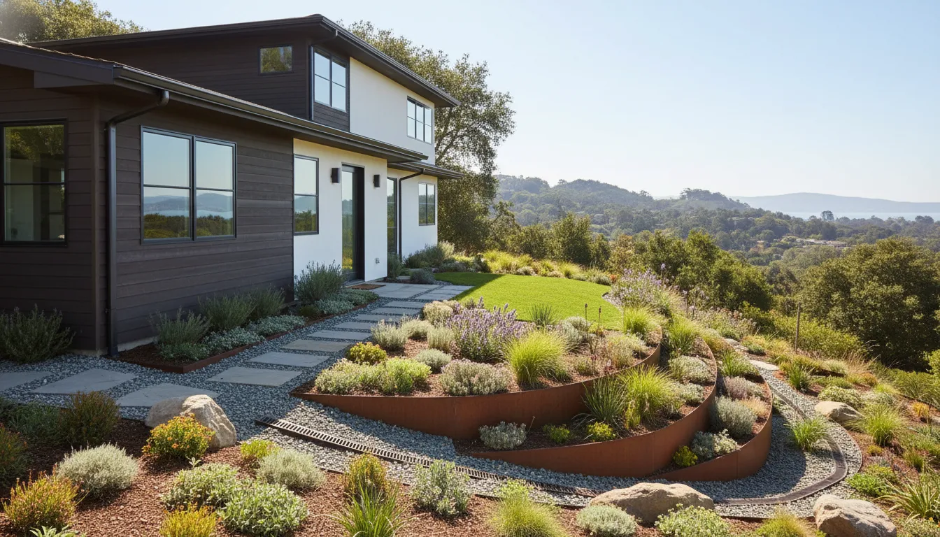 Bay Area remodeled home with gutters, graded landscaping, and foundation drainage