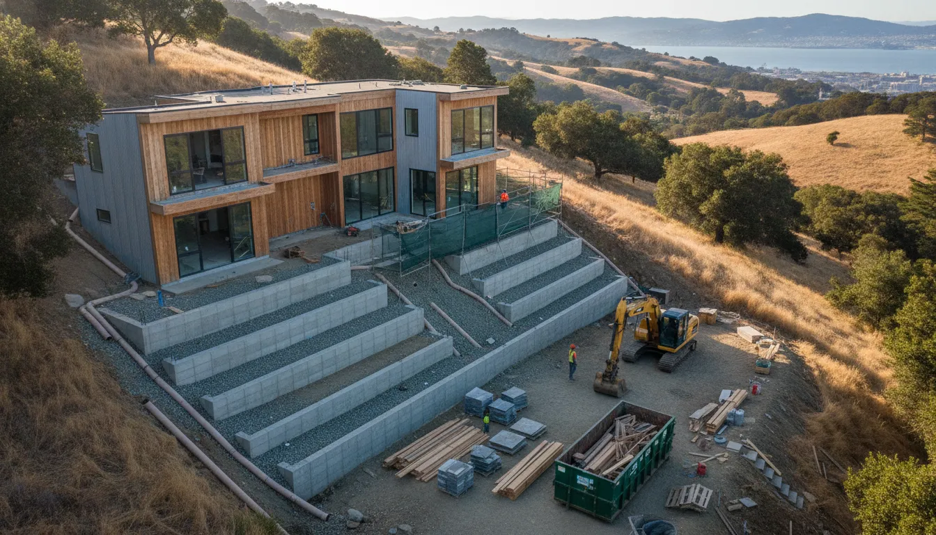 Drainage channels and retaining wall at a Bay Area hillside remodeling site