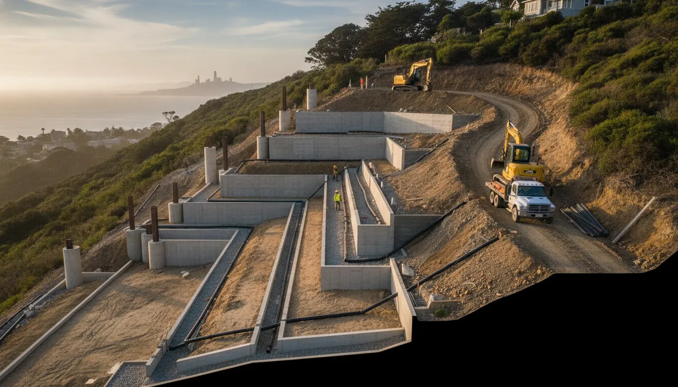 Foundation supports and terraced slope for a hillside home renovation in the Bay Area