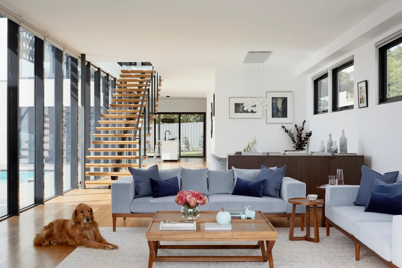 Finished laminate flooring in a bright remodeled interior
