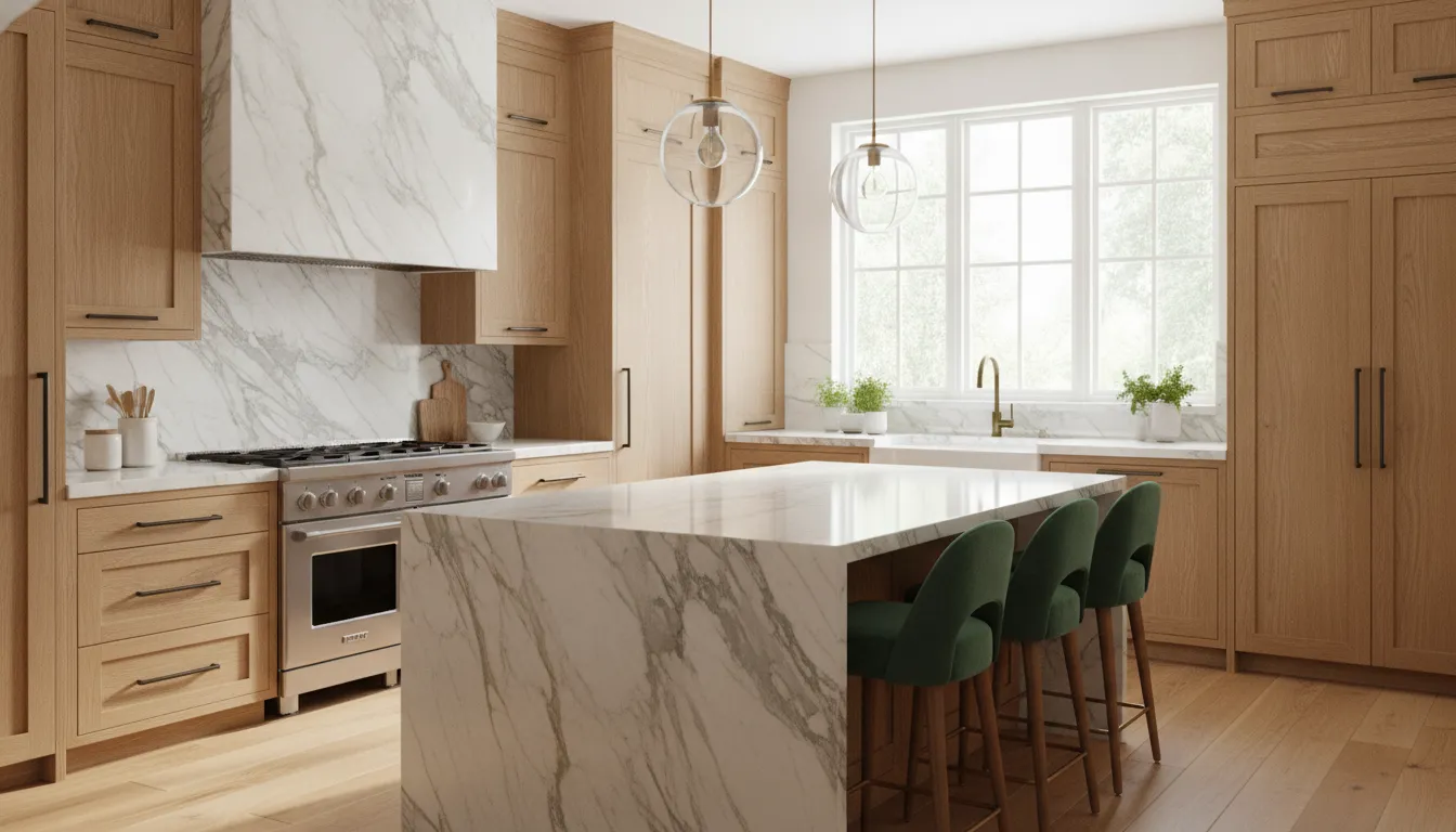 Luxury kitchen with marble countertops, custom white oak cabinetry, and professional Wolf range