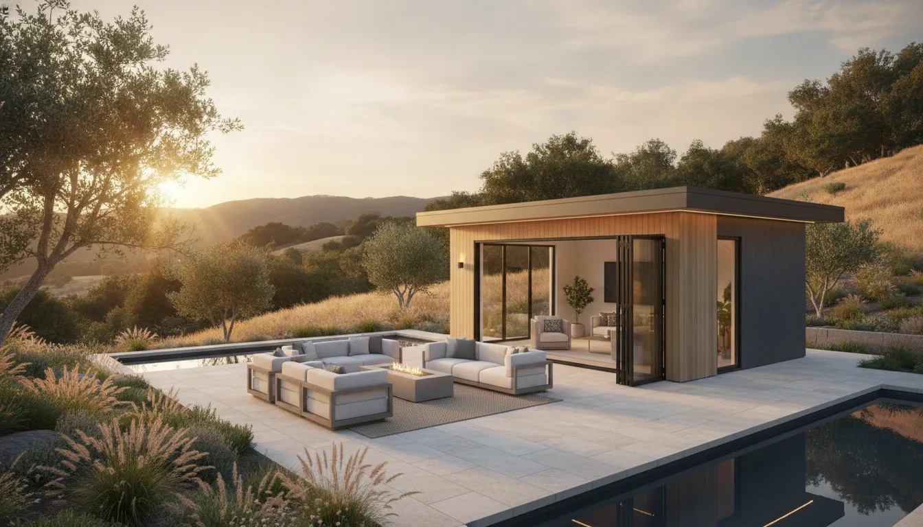 Modern luxury ADU with glass folding doors opening to a landscaped patio in a Contra Costa backyard with hillside views