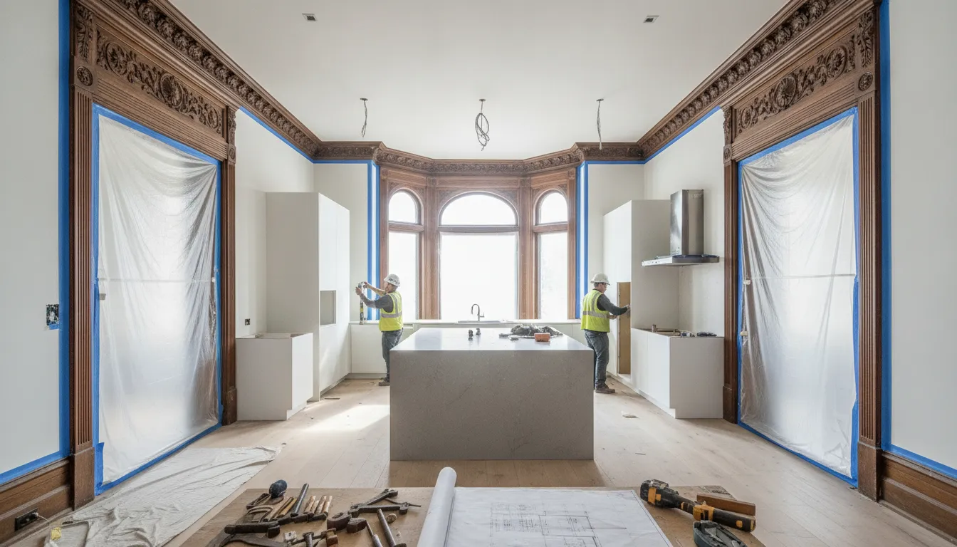 Victorian home interior renovation showing preserved original woodwork and crown molding during a modern kitchen remodel in a Bay Area historic home