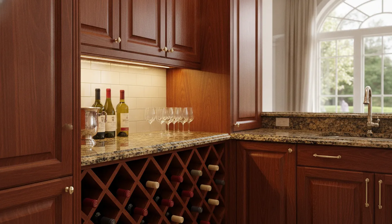 Custom residential wet bar with dark cabinetry, stone countertops, and undermount sink in a luxury East Bay home