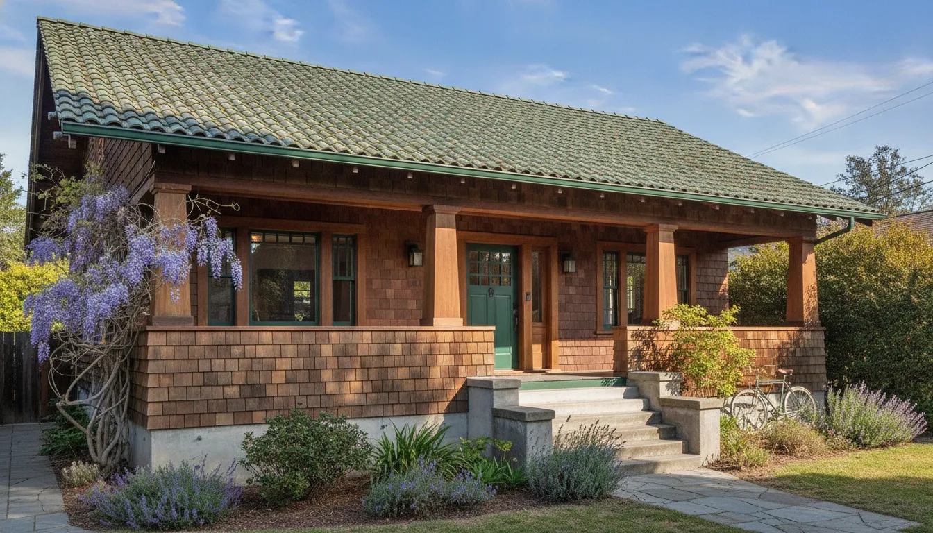 Craftsman bungalow exterior in Berkeley California with original wood siding and porch columns after seismic retrofitting and exterior restoration
