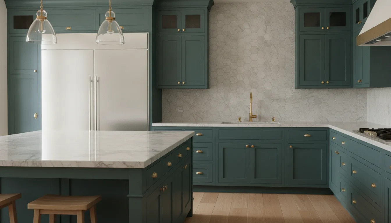 Luxury kitchen backsplash with marble tile, Sub-Zero refrigerator, and brass hardware