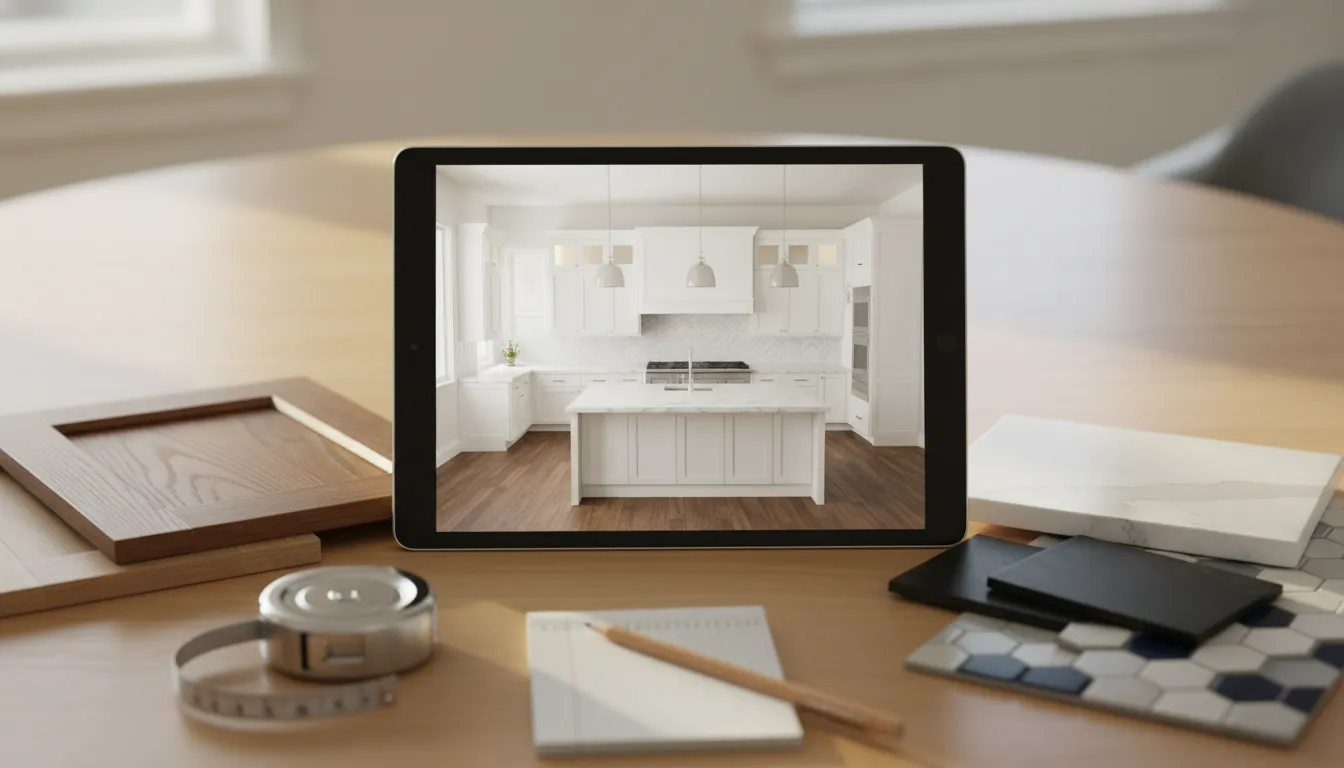 Material samples beside a tablet showing 3D design for home remodeling