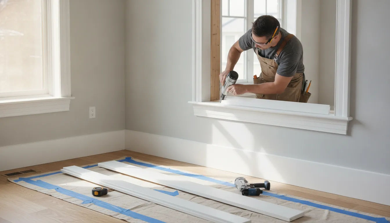 Finish carpenter installing white interior window casing around a window opening