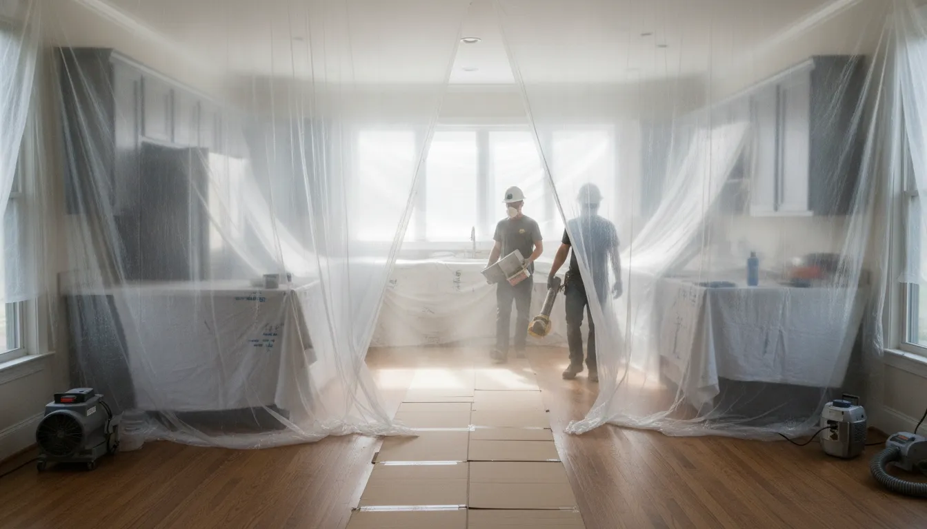Protected interior construction zone with plastic sheeting and drop cloths during a Bay Area home remodel