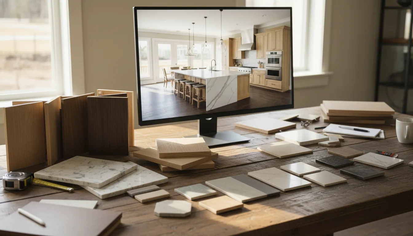 Designer reviewing a 3D kitchen remodeling visualization with material samples