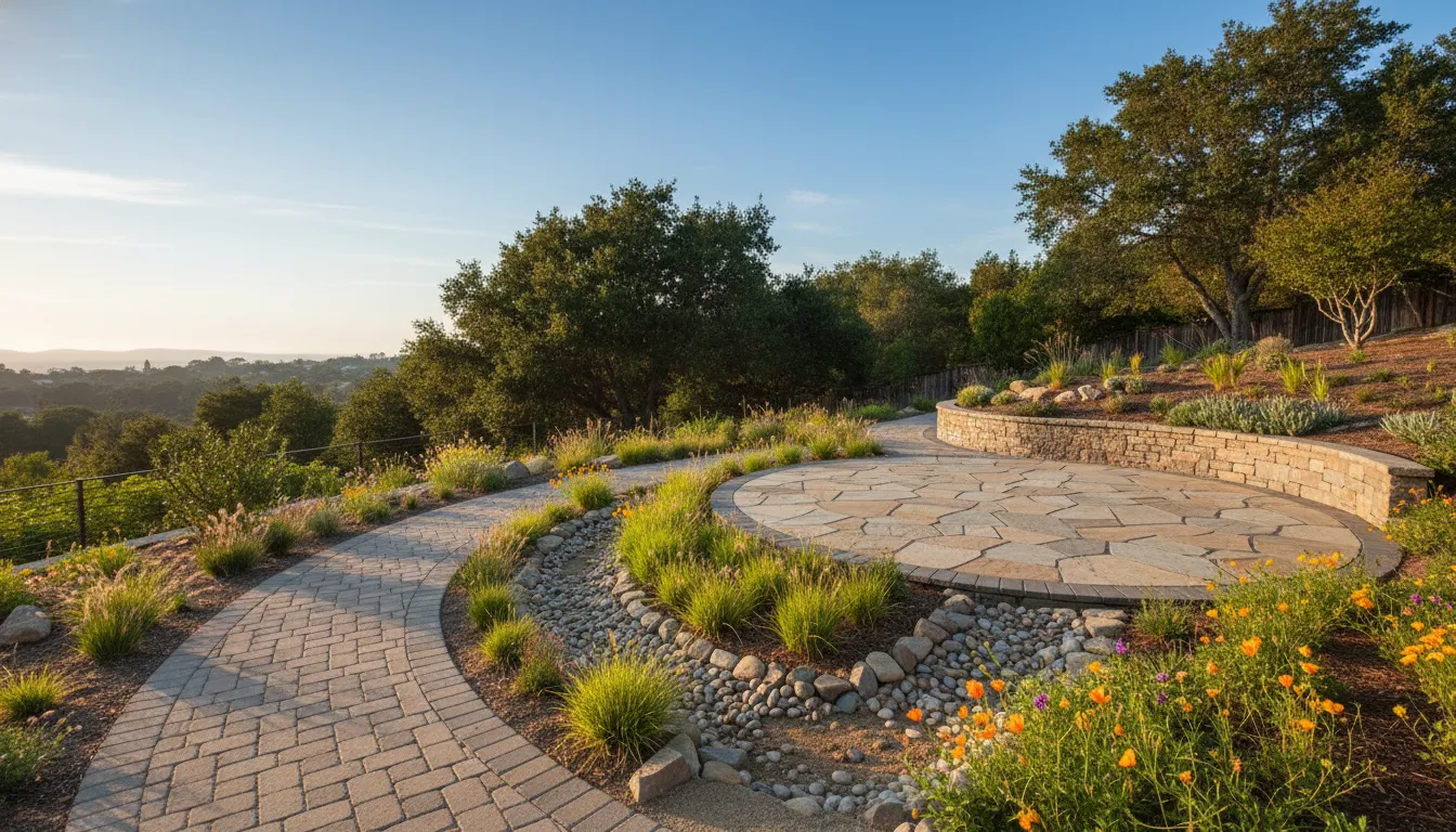 Permeable paver walkway and planted drainage for an outdoor living remodel Bay Area backyard