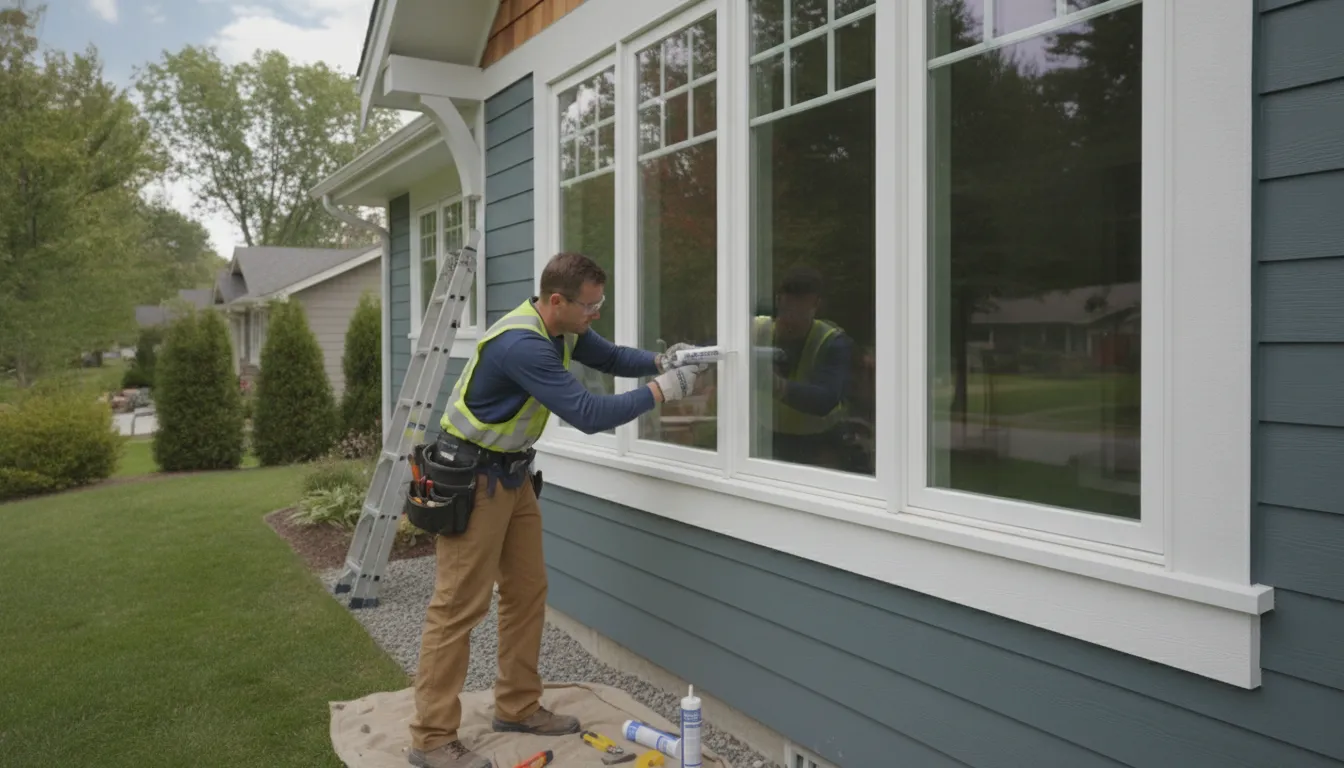 Contractor caulking white PVC exterior window trim on a craftsman home