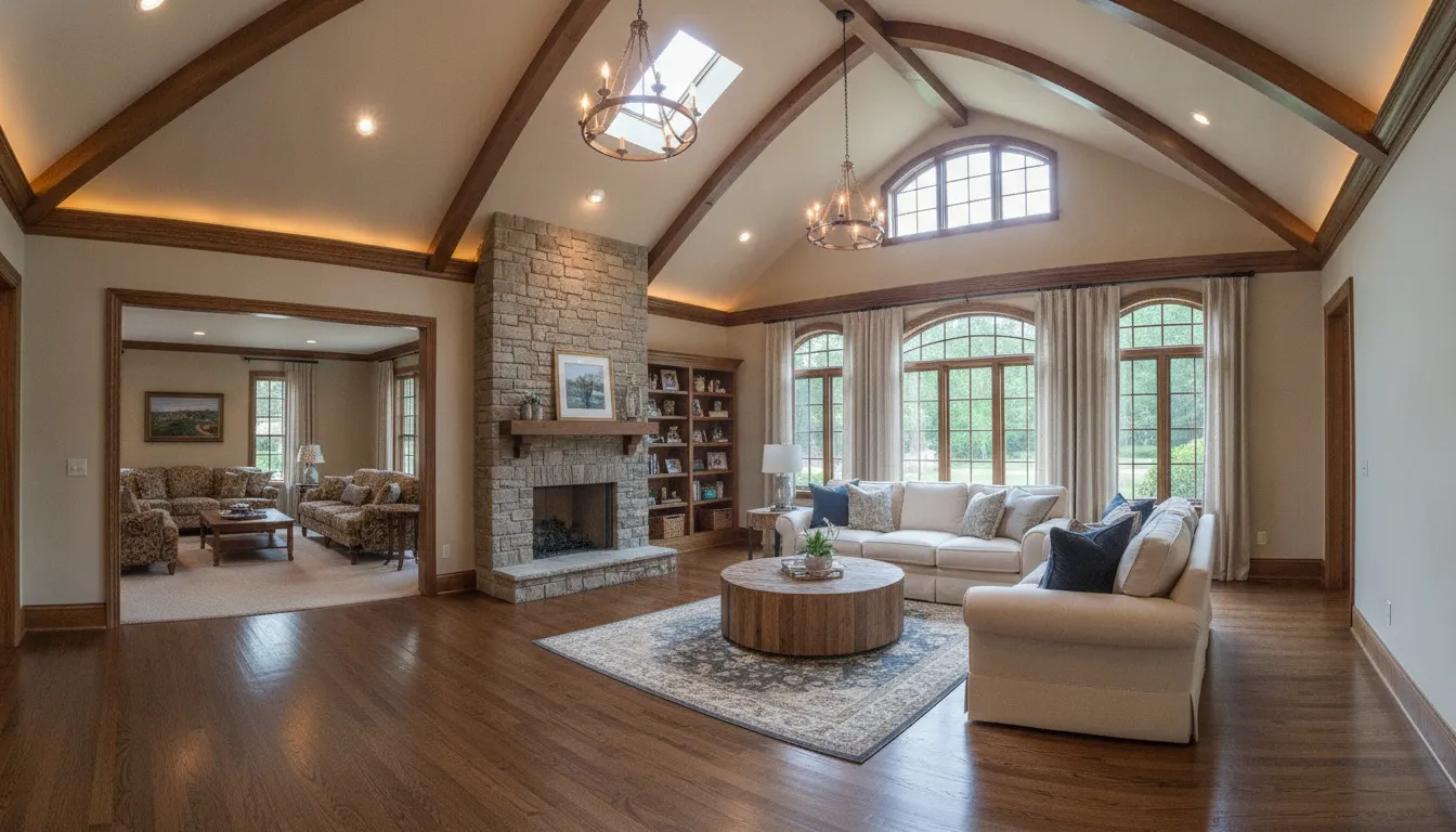 Spacious family room addition with vaulted ceiling and hardwood floors connected to the existing home