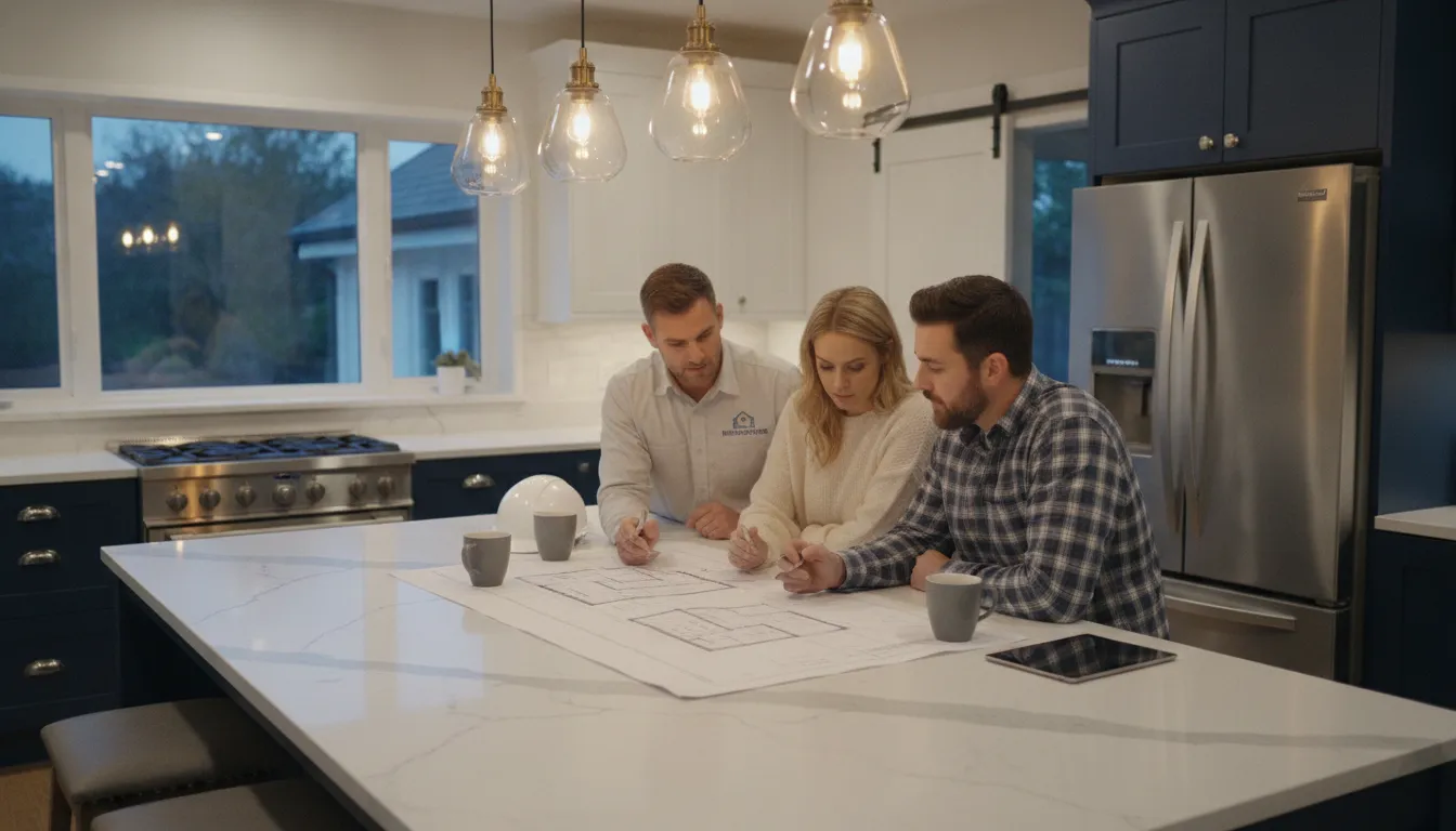 Homeowners and contractor discussing renovation plans and insurance paperwork in a modern kitchen