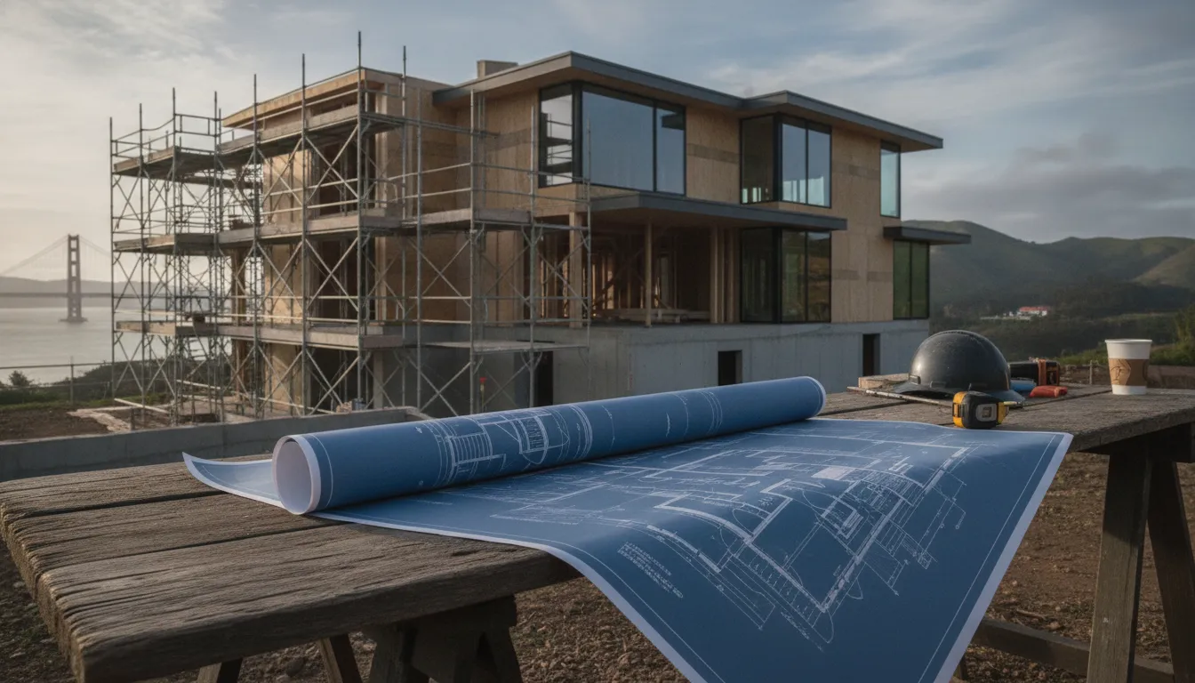 Blueprint of a Bay Area home remodel resting on a wooden table with building scaffolding in the background