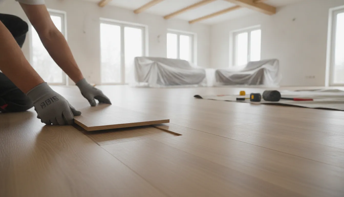 Worker locking laminate plank into a floating click-lock system during installation