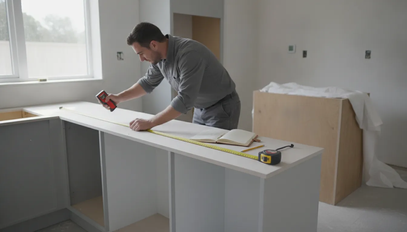 Contractor measuring a kitchen countertop with a laser tool during the templating stage on new cabinetry