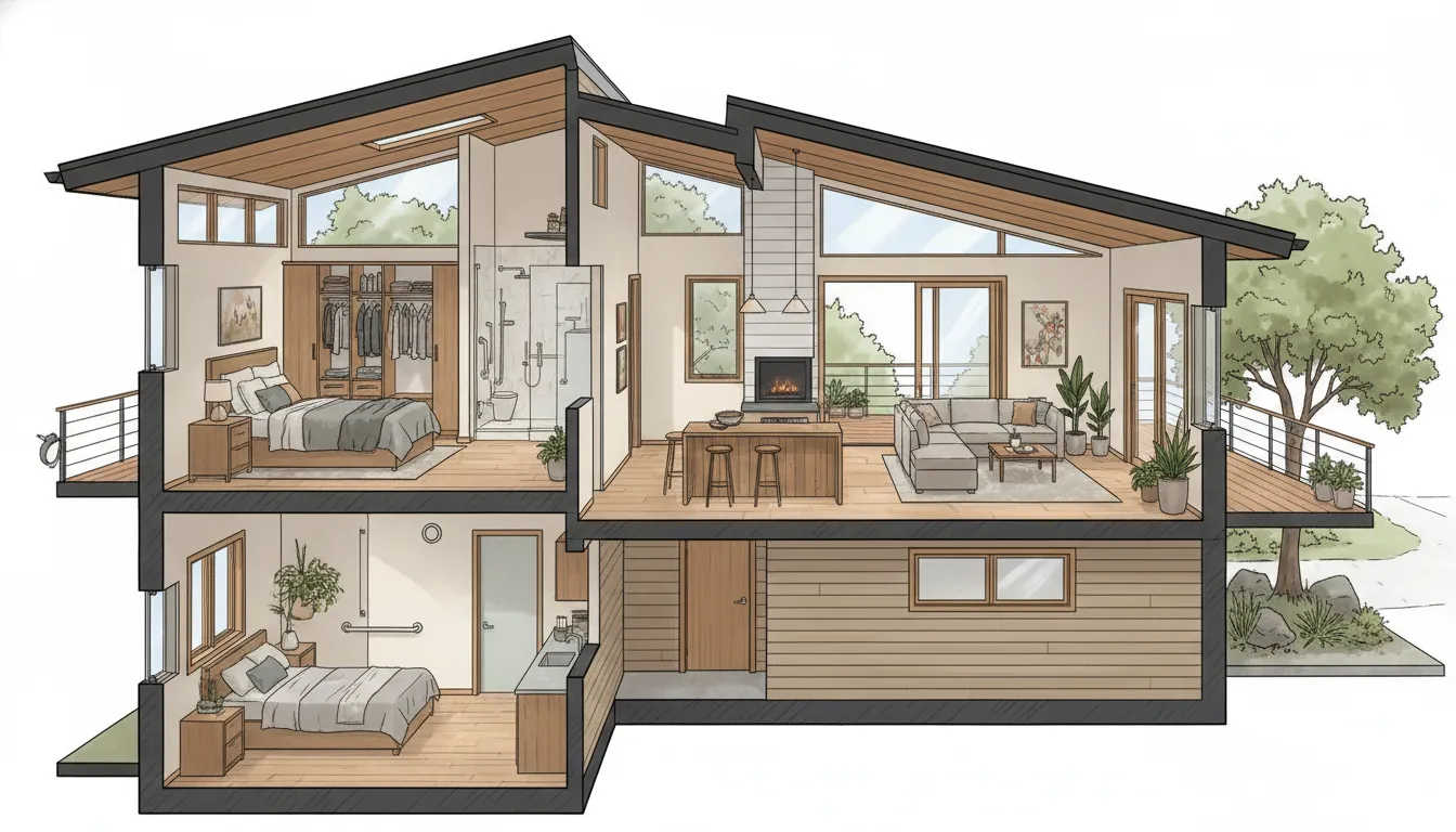 Multigenerational home remodel layout with private suite beside shared living space
