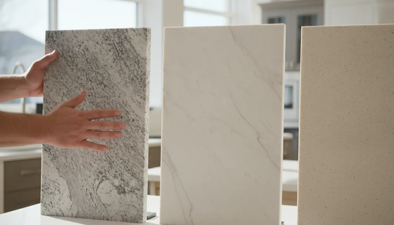 Close-up of granite, quartz, and marble slab samples being compared in a kitchen showroom