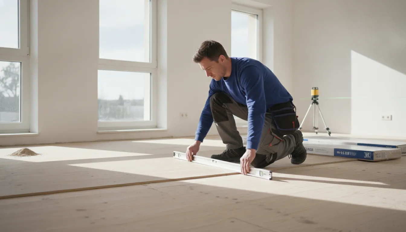 Contractor checking subfloor levelness before a laminate flooring install
