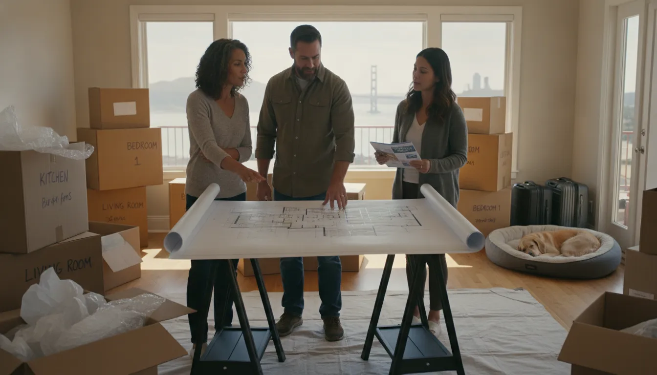 Homeowner reviewing remodel floor plans with a contractor while planning temporary housing