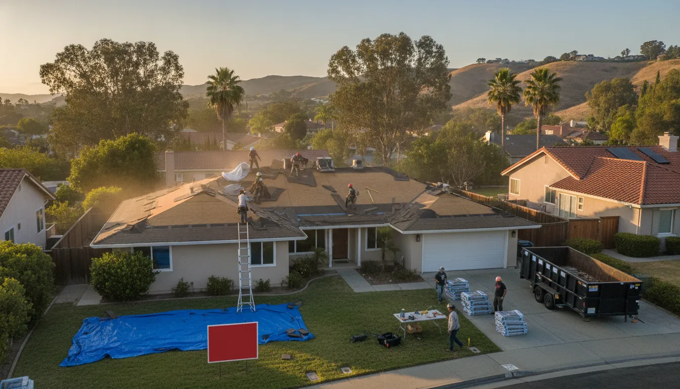 Bay Area roofing crew preparing a home for a code-compliant roof replacement inspection