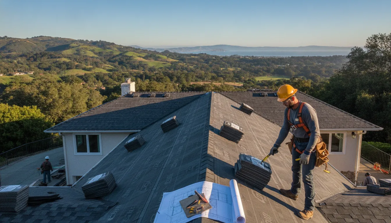 Licensed roofer checking permit-ready roof replacement work at a Bay Area home