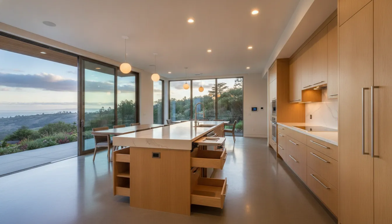 Adaptable universal design kitchen with wide work aisles and layered lighting