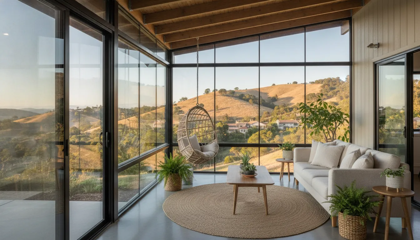 Bright sunroom addition with glass walls overlooking rolling Bay Area hills