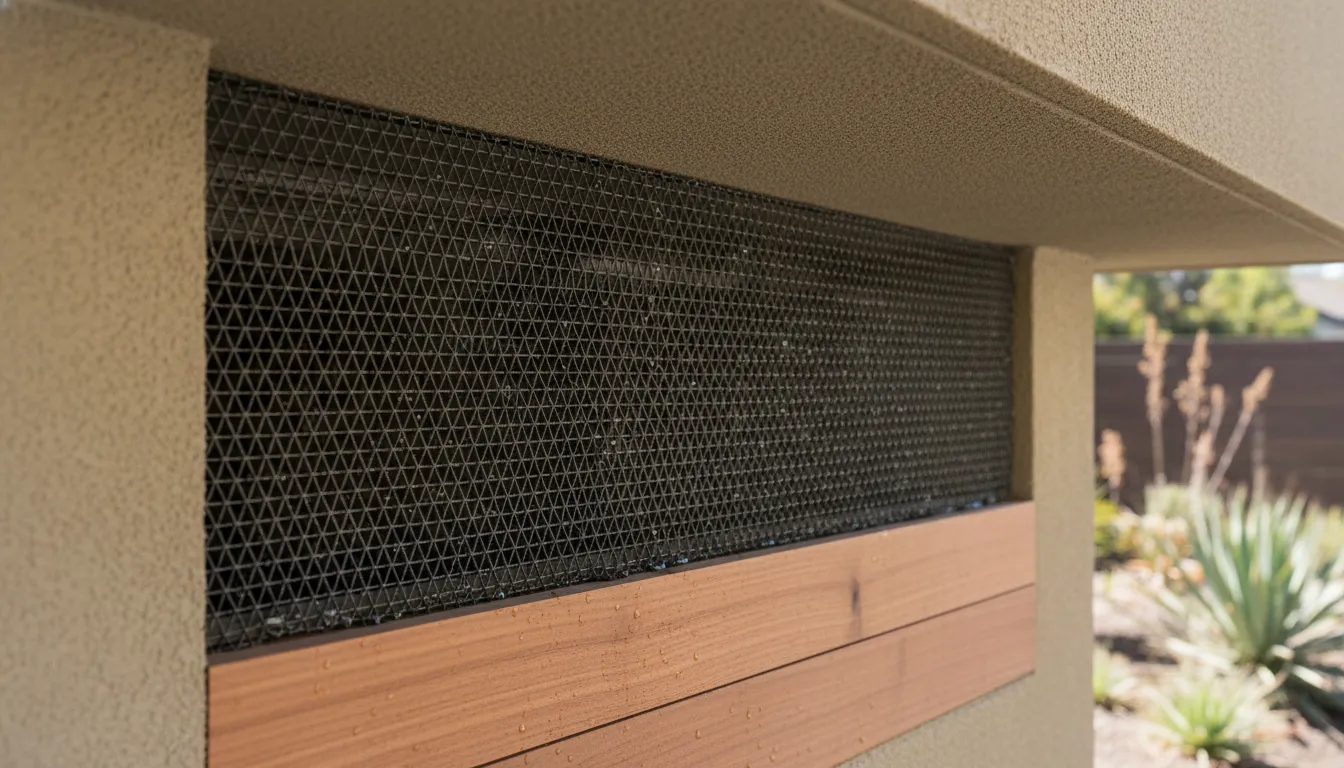 Ember-resistant metal vent screening on a Bay Area home