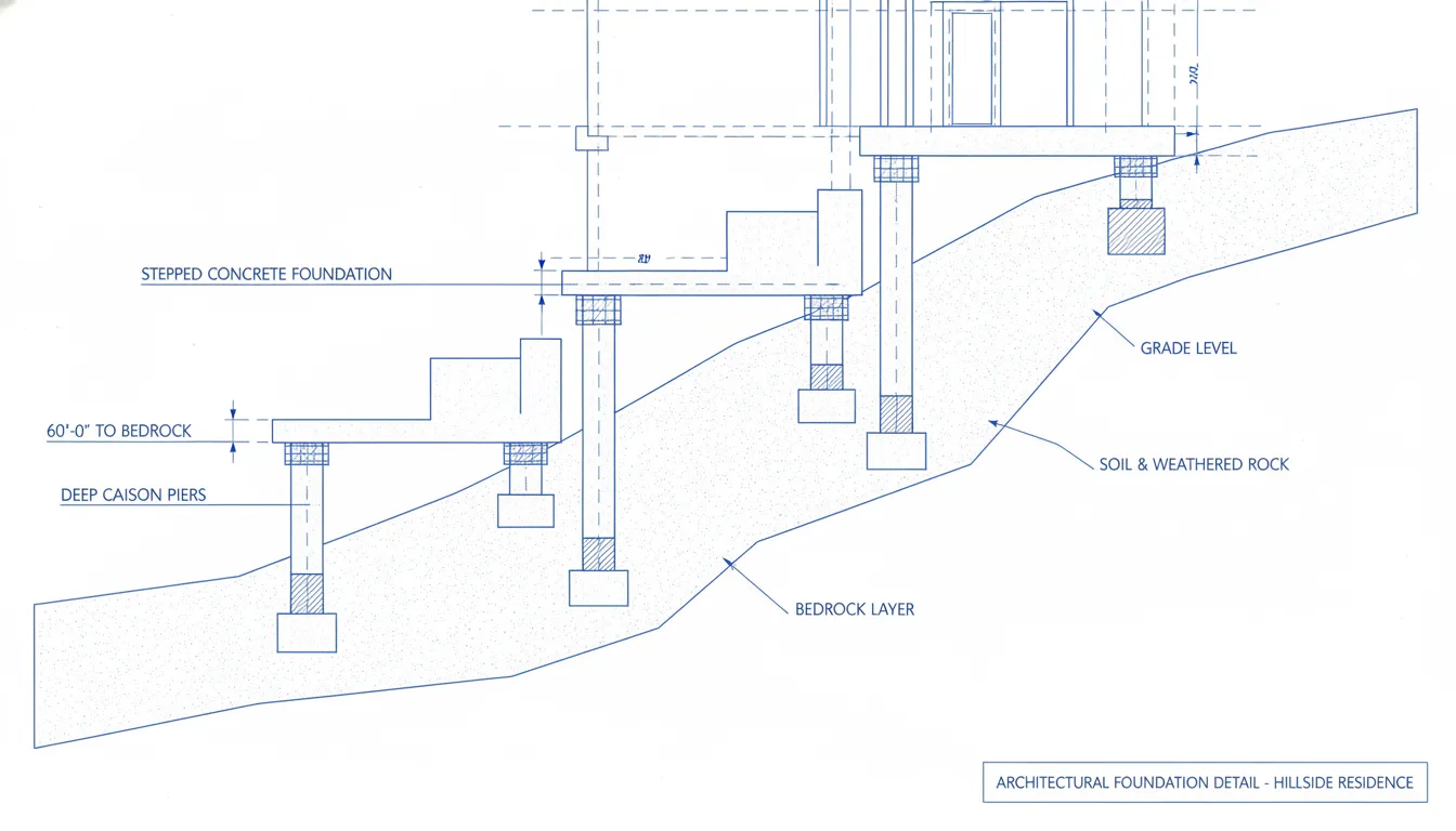 Architectural cross-section diagram of caisson pier foundation systems on a hillside