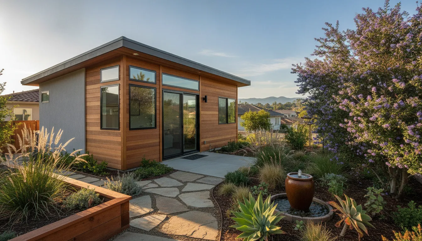 A modern detached accessory dwelling unit exterior with beautiful landscaping in Concord California