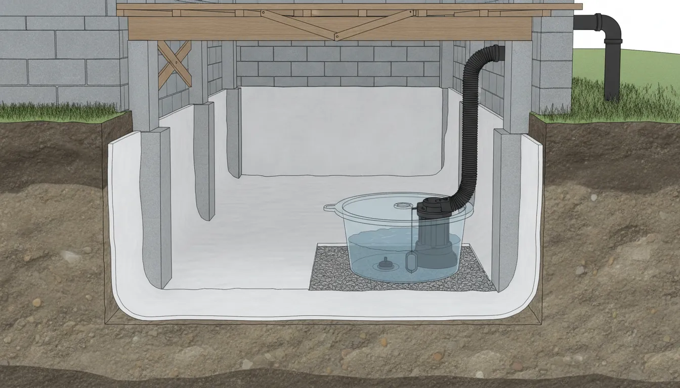 Cutaway view of a crawl space sump pump system showing the basin, float switch, and discharge pipe