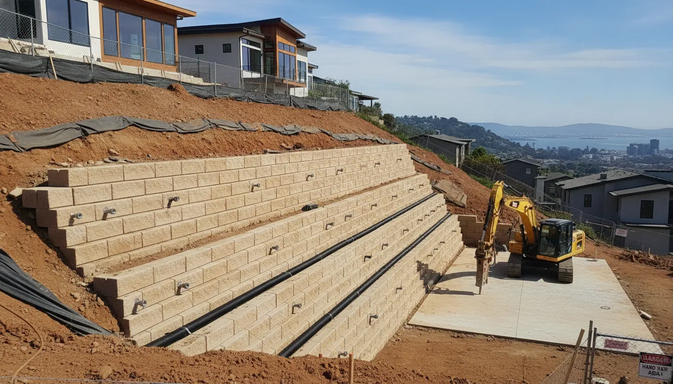 Engineered retaining wall system with soil nail reinforcement and drainage on an East Bay hillside construction site
