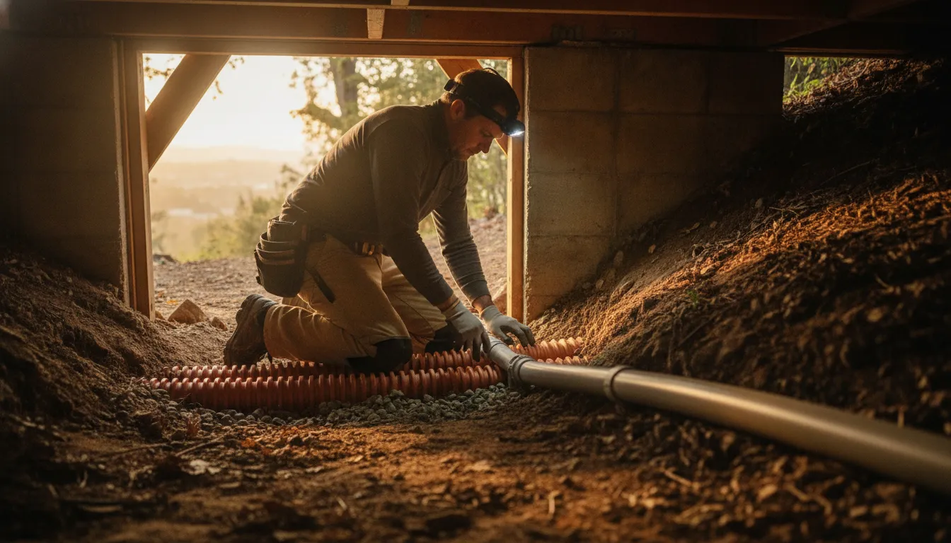 Contractor inspecting foundation drainage and a new sump discharge line in an East Bay hillside crawl space