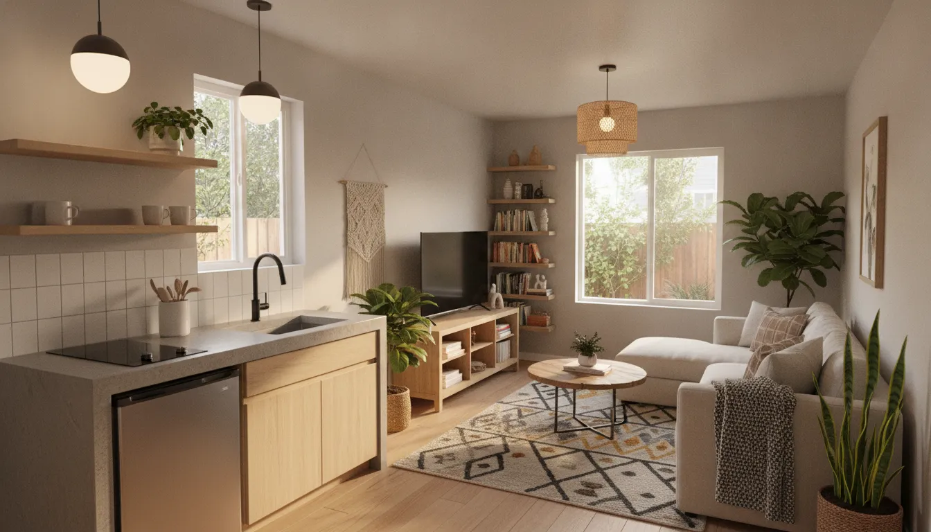 Modern interior design of a junior ADU kitchen and living area in Concord California