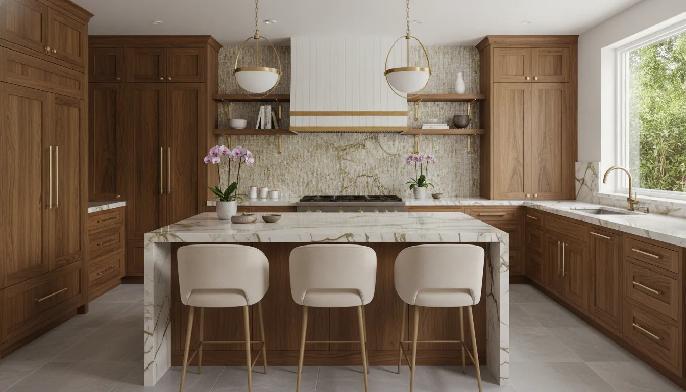 High-end custom kitchen remodel in Lafayette CA with white marble countertops and custom cabinetry