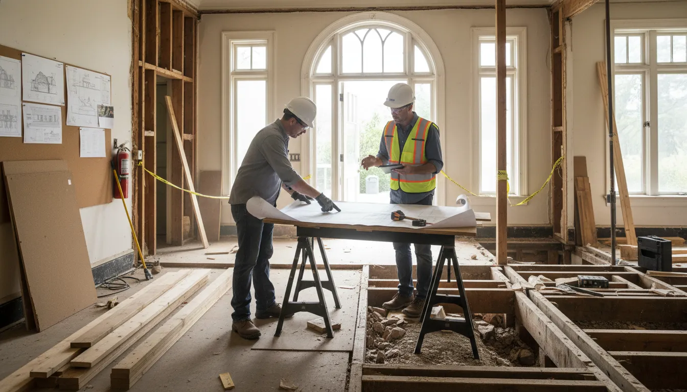 Remodeling professional and structural engineer reviewing Bay Area retrofit plans