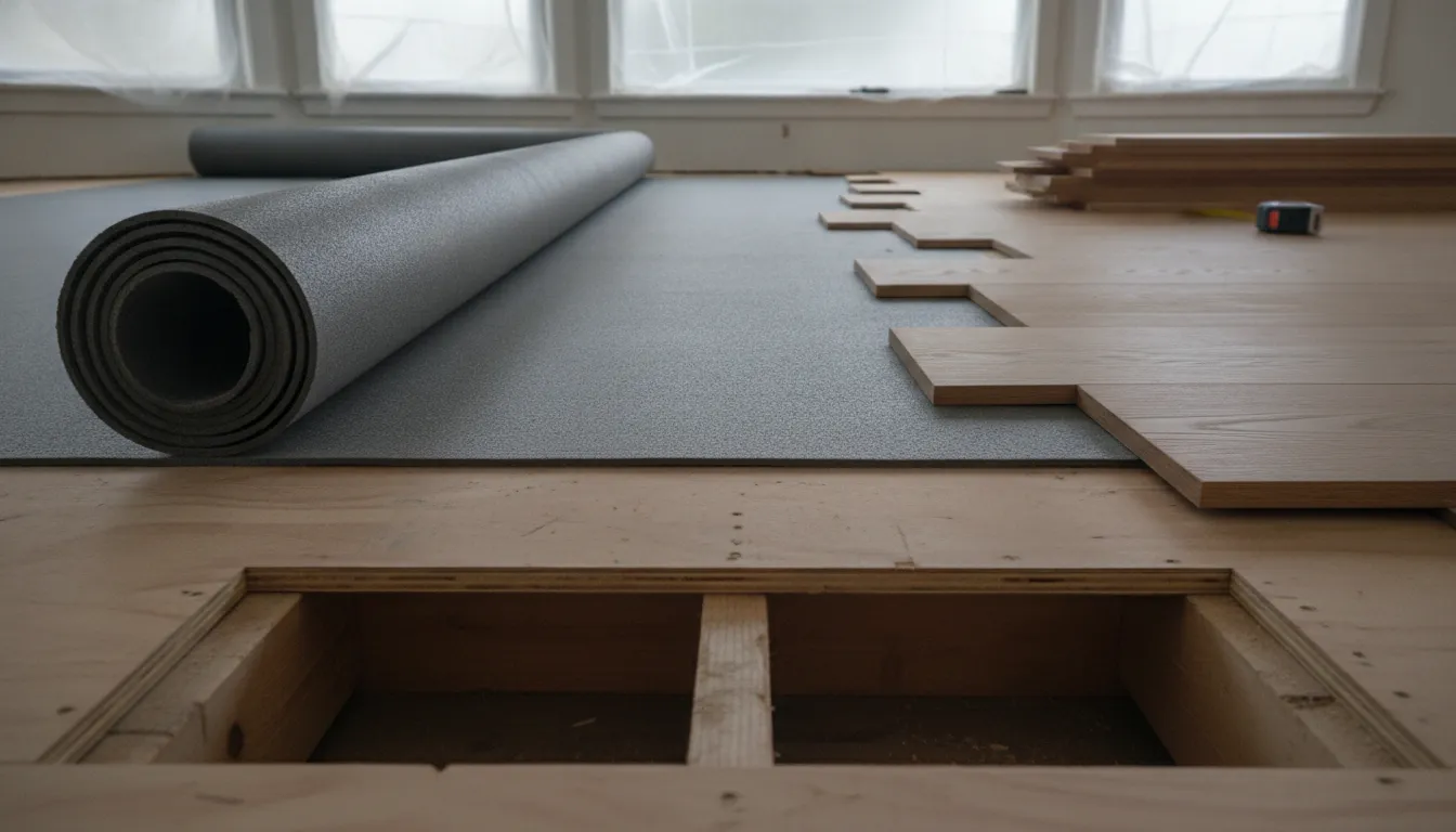 Acoustic underlayment installed beneath hardwood flooring during a soundproofing home remodel