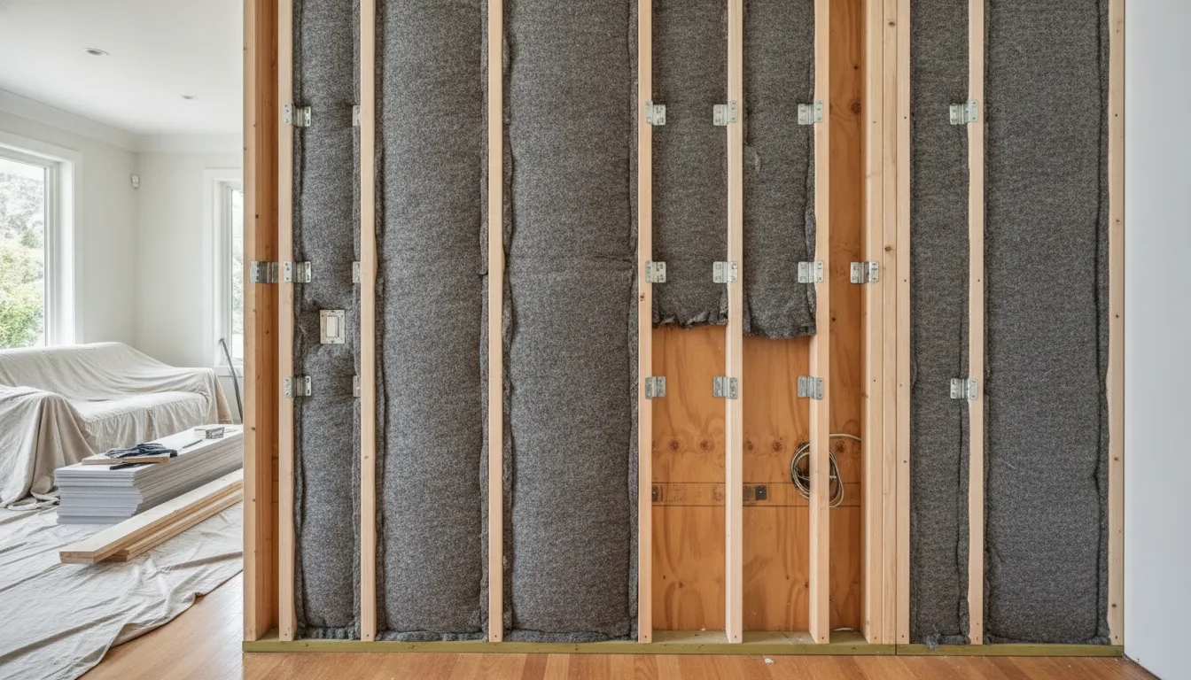 Acoustic insulation and sound isolation clips inside an open wall during a soundproofing home remodel