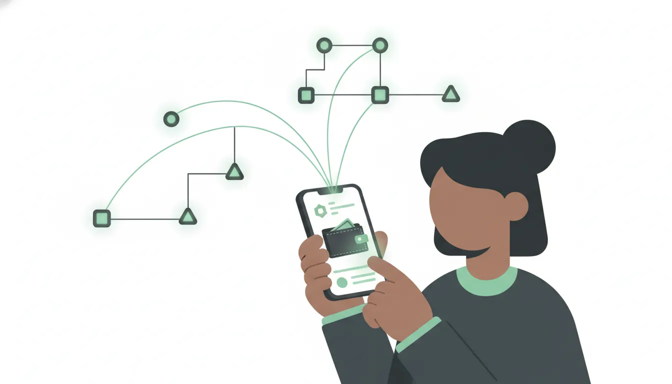 Flat illustration of a person using a crypto wallet with a human verification signal