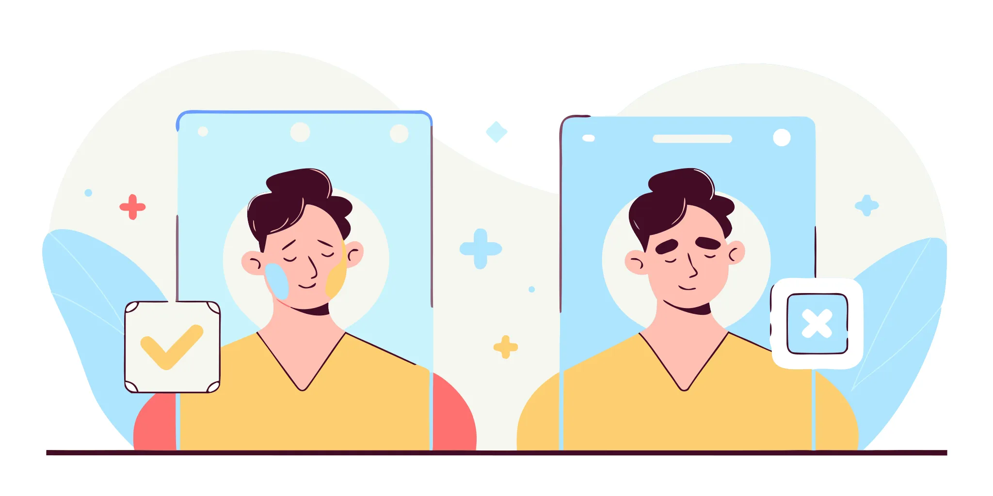 Flat vector illustration comparing active face verification requiring user actions against passive face verification requiring only looking at the camera