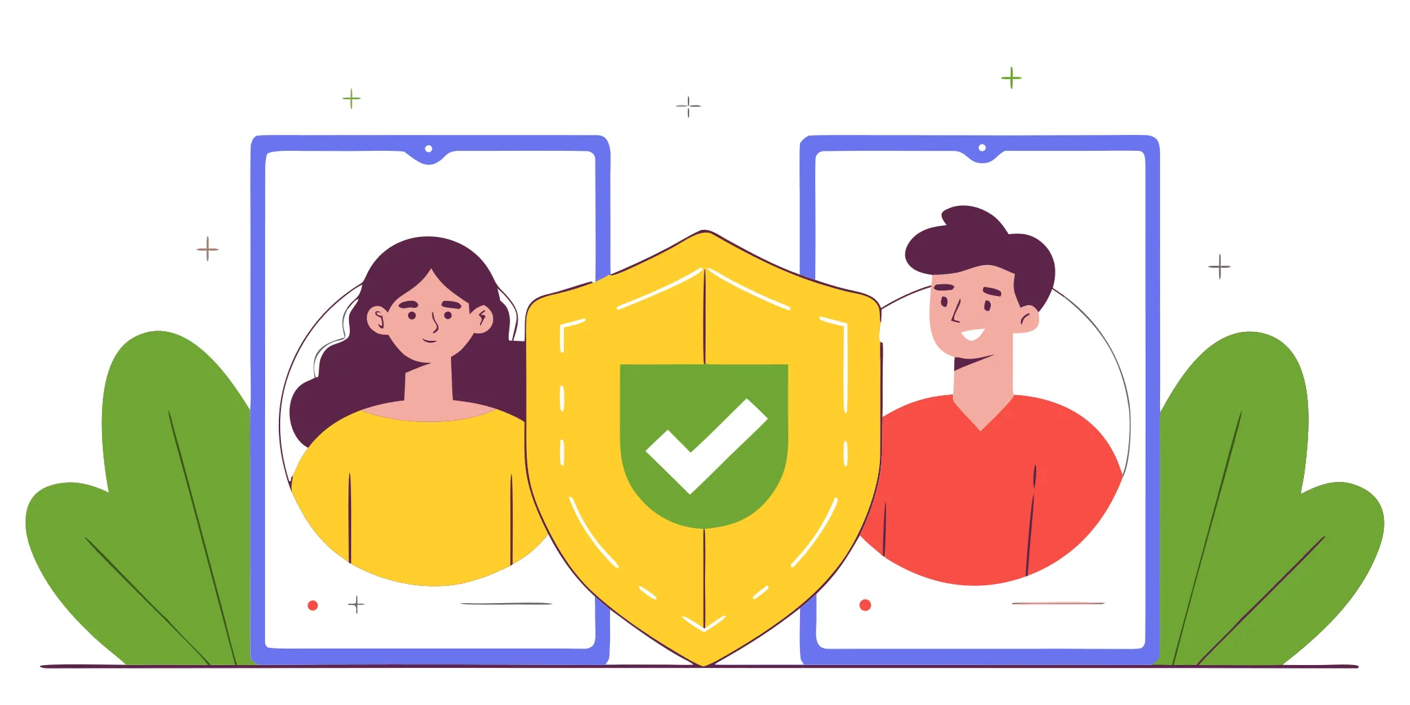 Flat vector illustration of a digital shield blocking AI-generated deepfake faces with a verified checkmark for real human verification