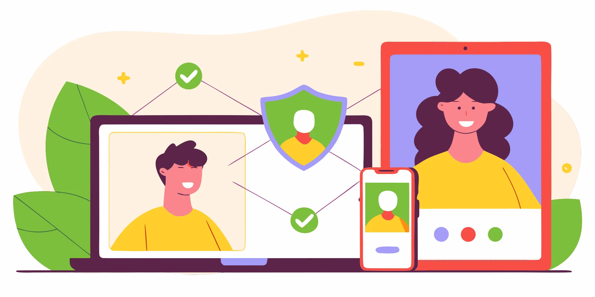 Connected devices showing age verification process flow with shield icon and privacy protection indicators