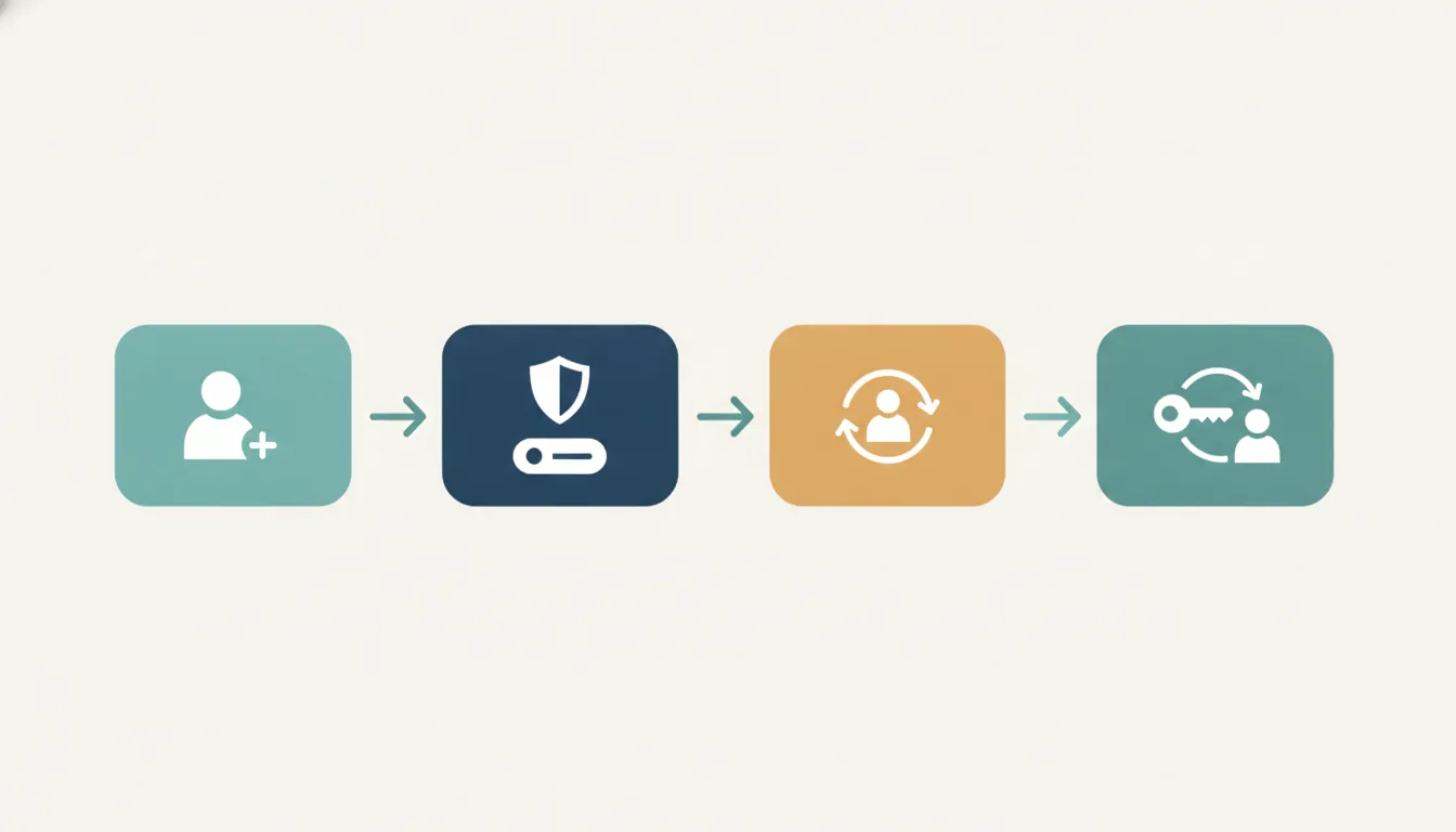 Account journey diagram with four checkpoints: create an account, protect sign-in, recheck a sensitive action, and recover access